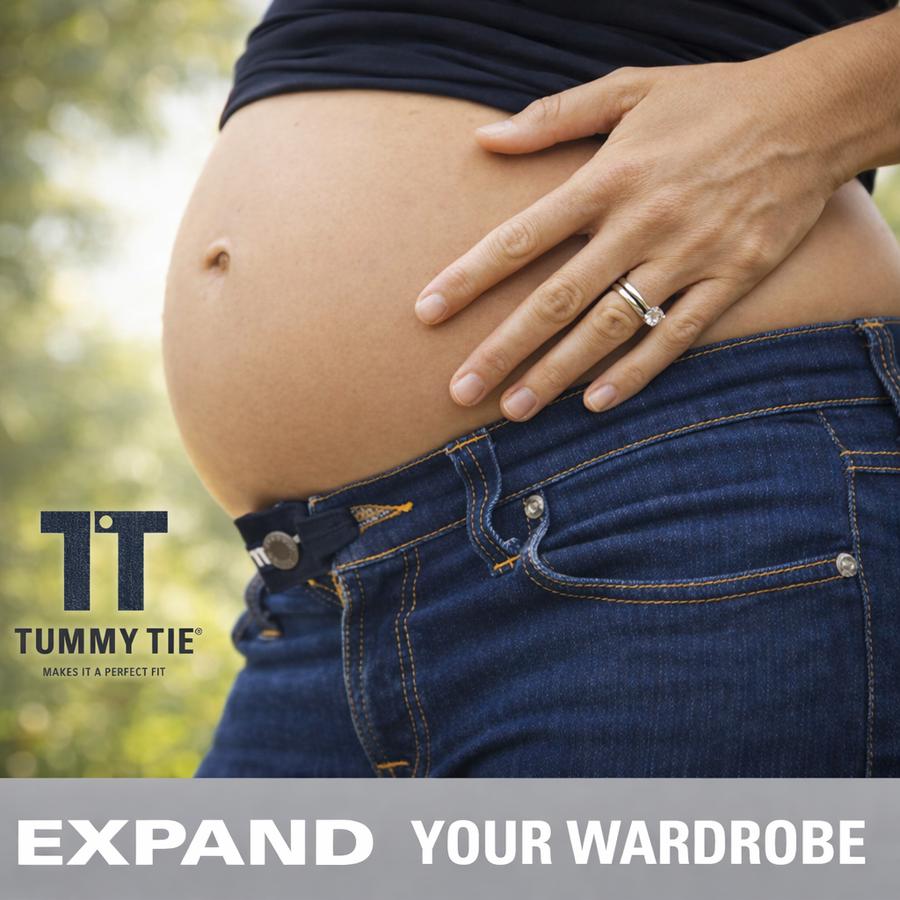 TummyTie® maternity waistband extender in use – extending waistband on jeans during pregnancy