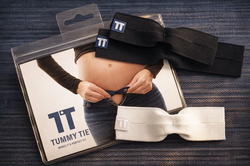 TummyTie® 3-pack: 2 Medium (Black & White) + 1 Large (Black) waistband extenders laid flat